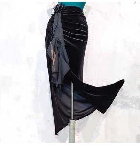 Women black side slit velvet latin dance skirts salsa rumba chacha performance skirt for lady